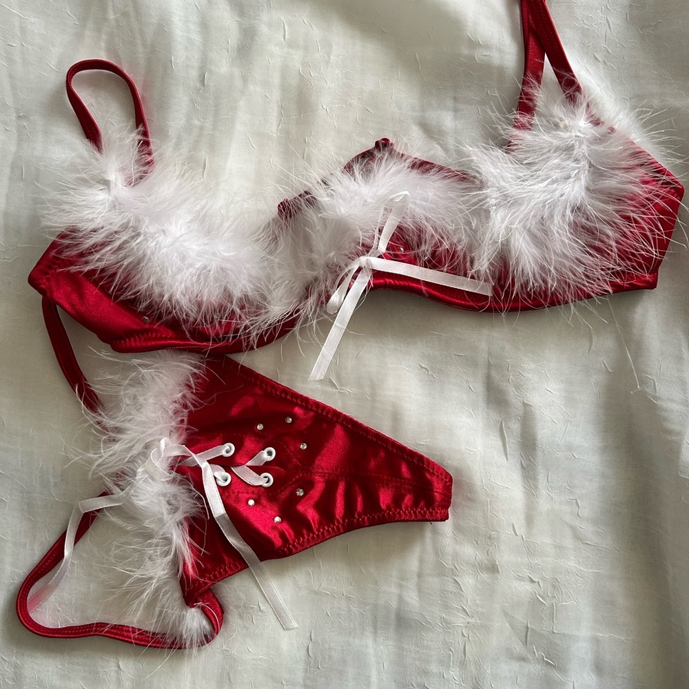 NWT: Bra & Panties (Red, Feathers, Lace-up)